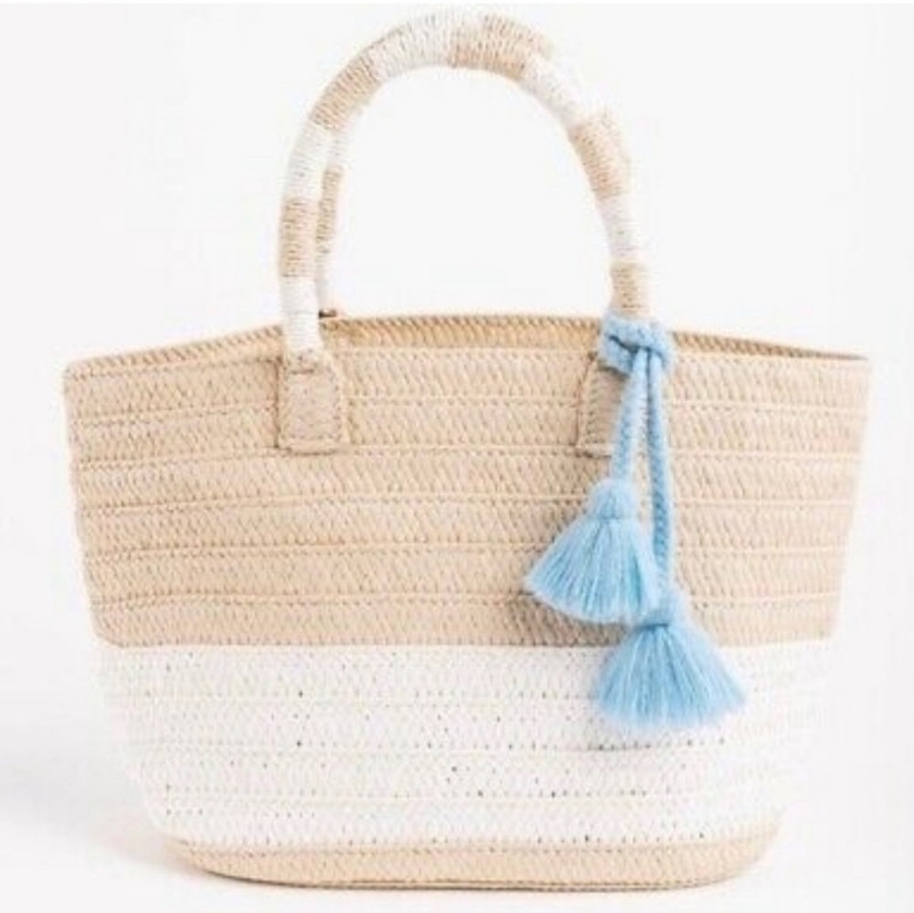 Altru Straw Colorblock Striped Tote Beach Bag Blue Tassel - New Without Tags